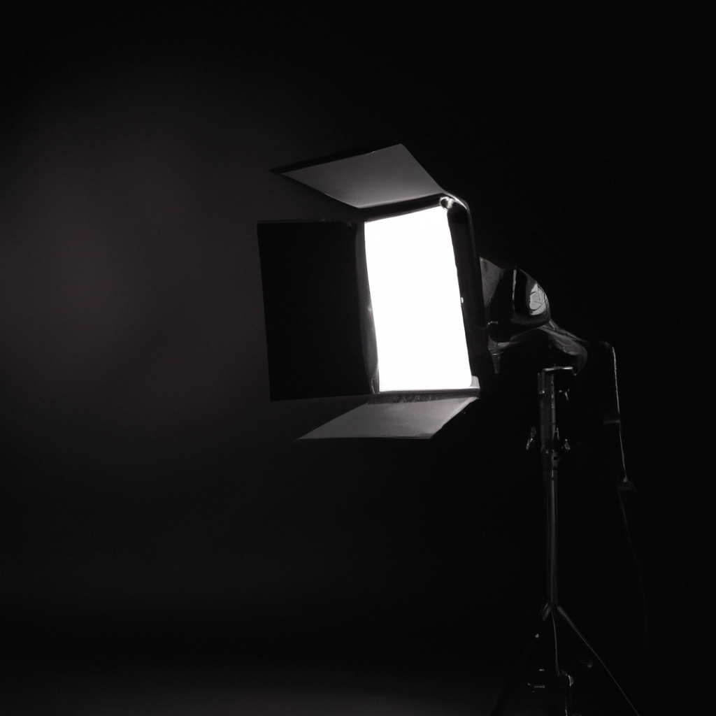Cámara profesional en estudio con luces suaves y fondo oscuro, estilo minimalista de Estudio LuzAndes