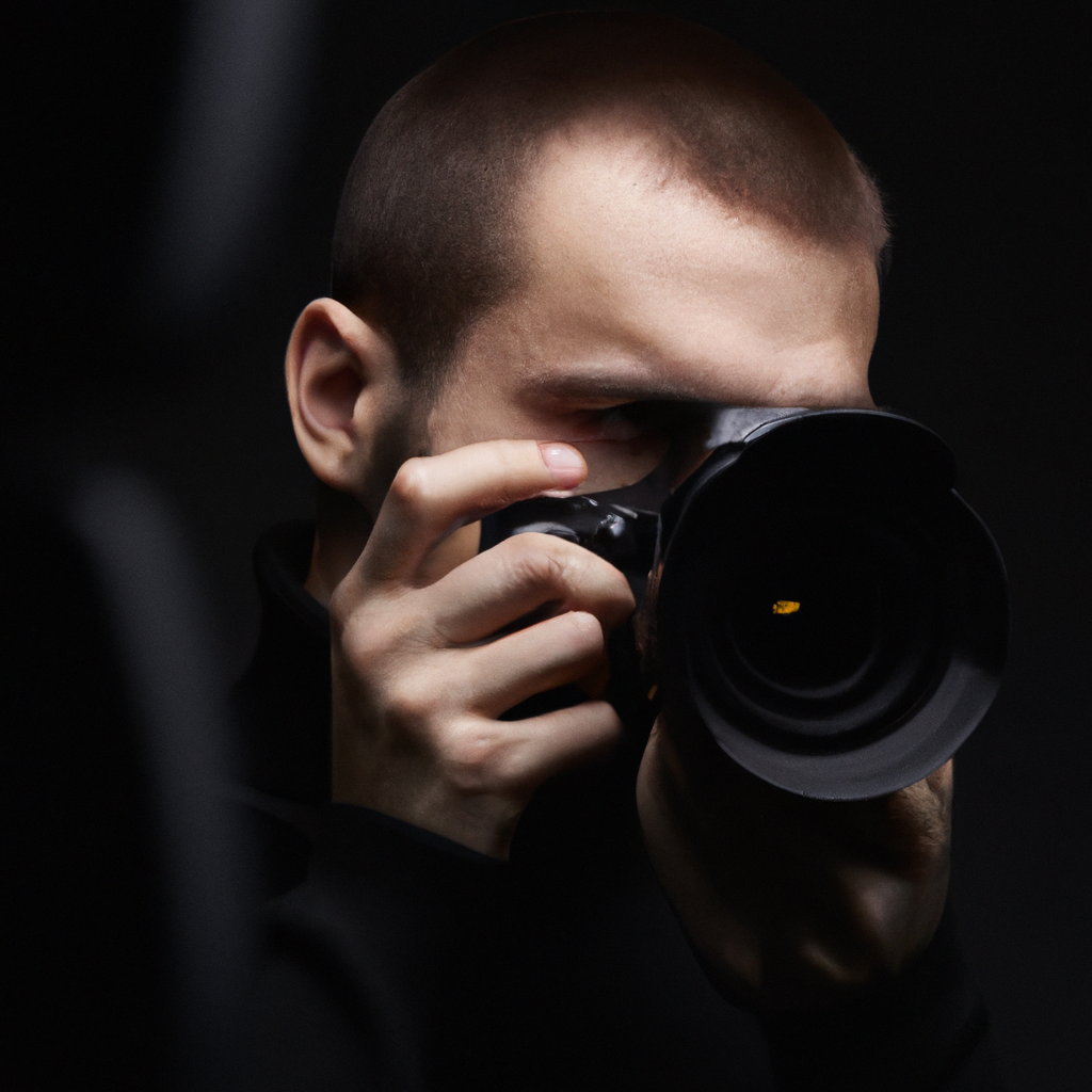 Retrato de fotógrafo en estudio con polera negra, expresión profesional