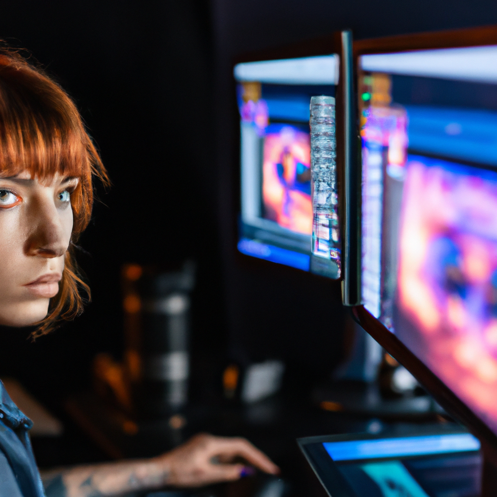 Retrato de colorista en sala de edición con monitores, estilo cinematográfico
