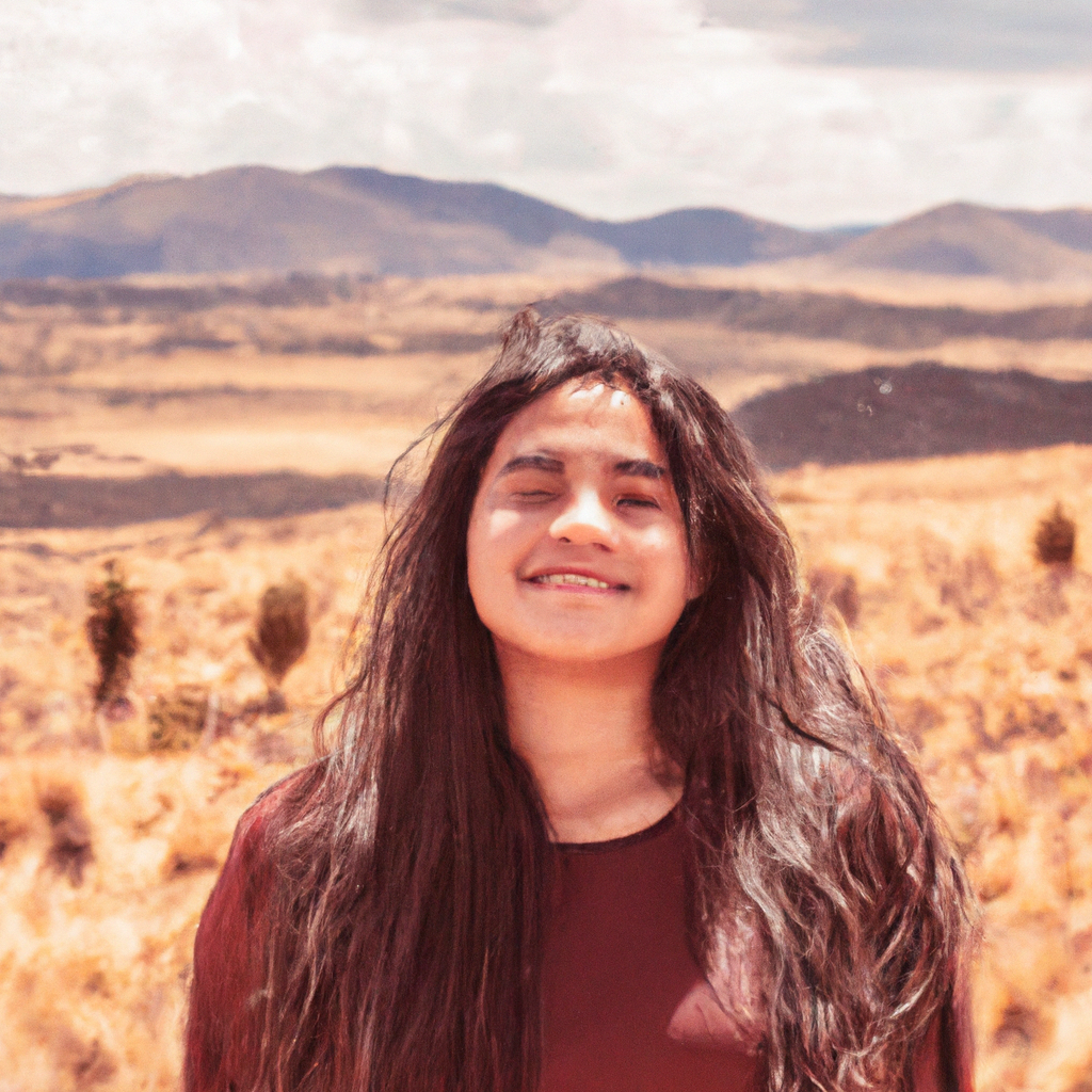 Retrato de fotógrafa en exteriores en los Andes con luz suave, sonrisa natural